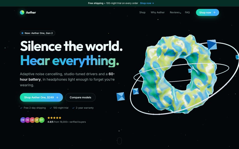 Aether headphones store demo homepage